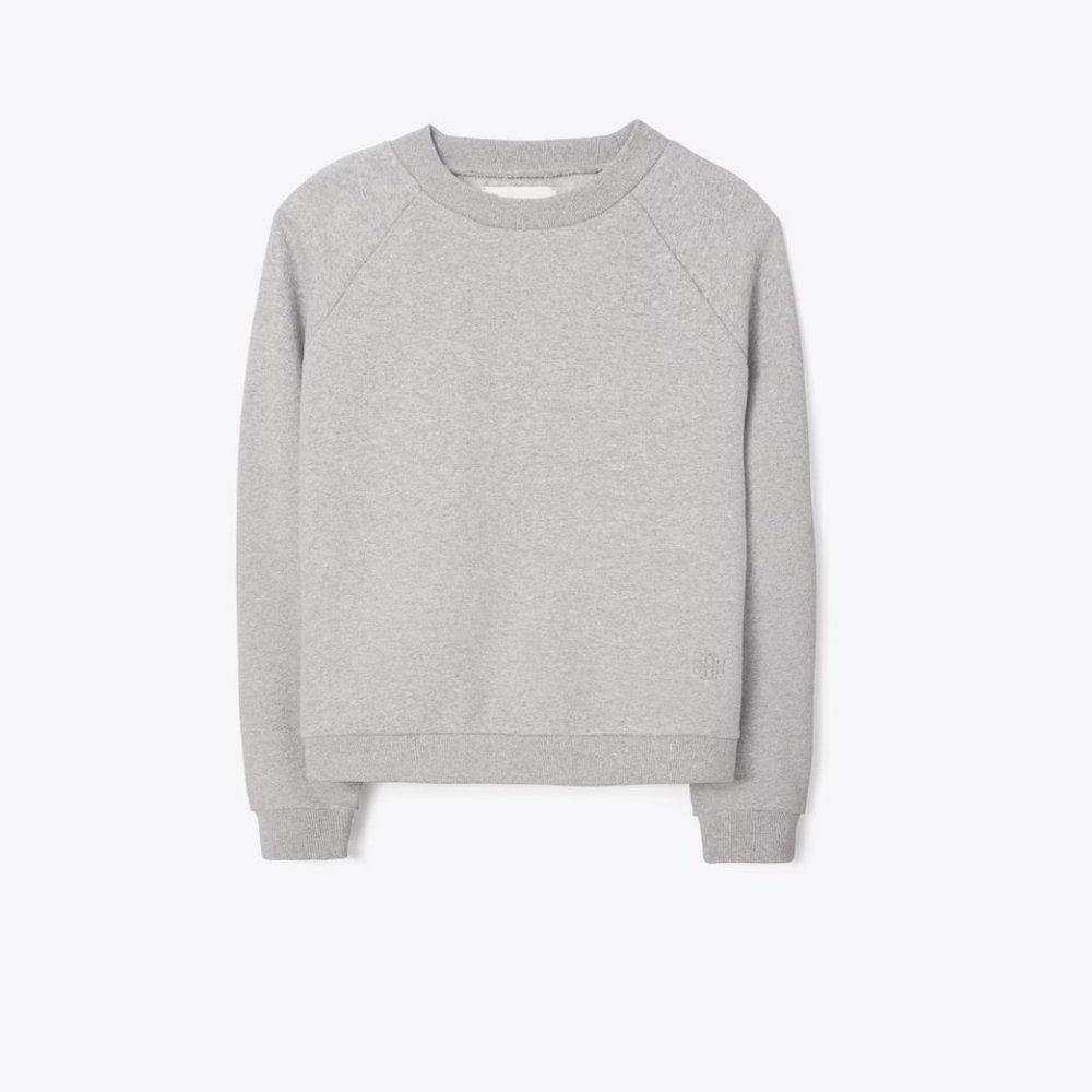 Tory Burch Merino French Terry Raglan Crewneck Sweatshirt in Grey Heather